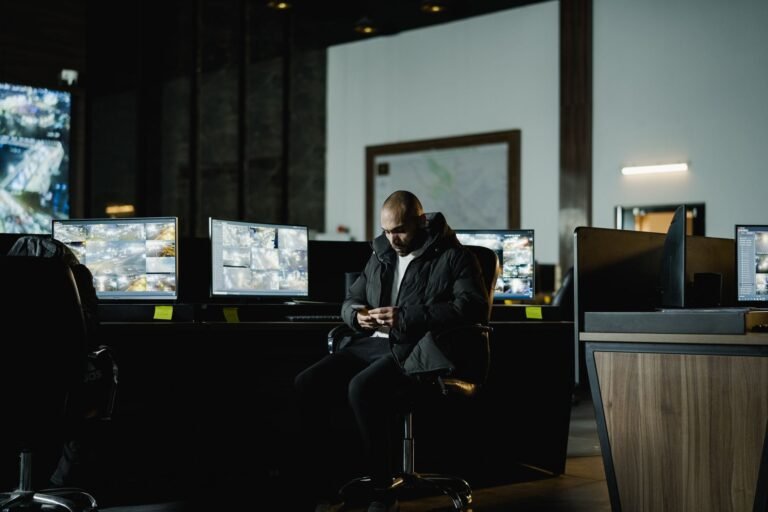 Security control room with multiple monitors showing camera feeds — illustrating a budget NVR setup